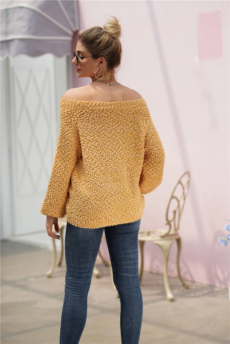 Line neck long sleeve solid color pullover sweater