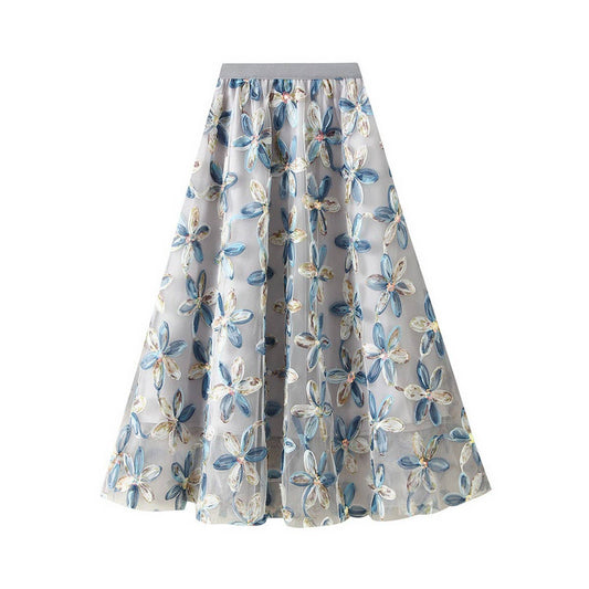 HEAVY FLOWER SEQUIN FAIRY GAUZE SKIRT A-LINE SKIRT