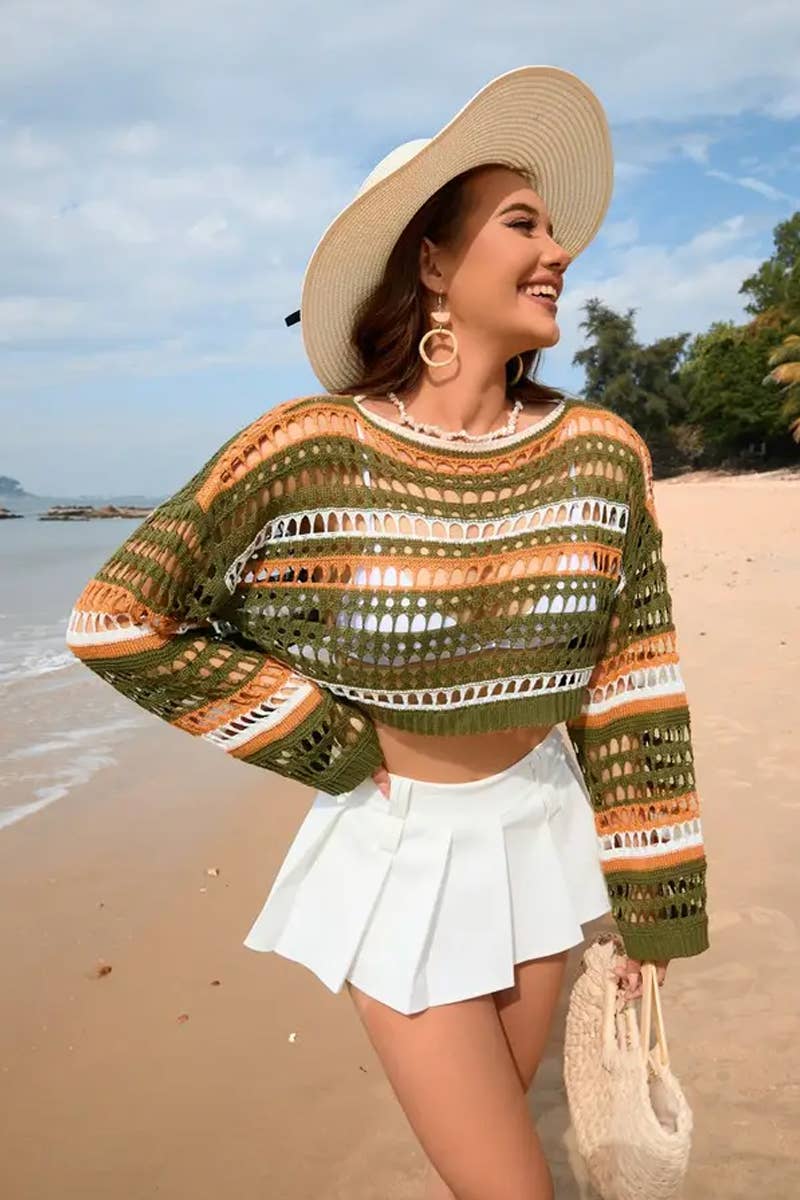 CWTTL1992_CUT-OUT STRIPE PANEL BIKINI BEACH COVER-UP