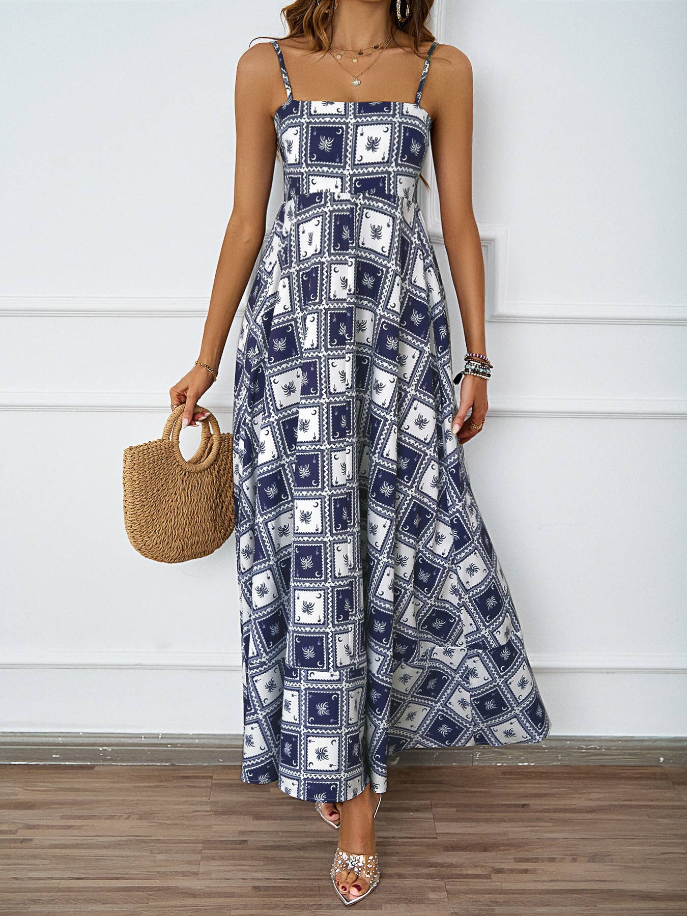 PRINTED HALTER HALTER HIGH-WAISTED A-LINE DRESS