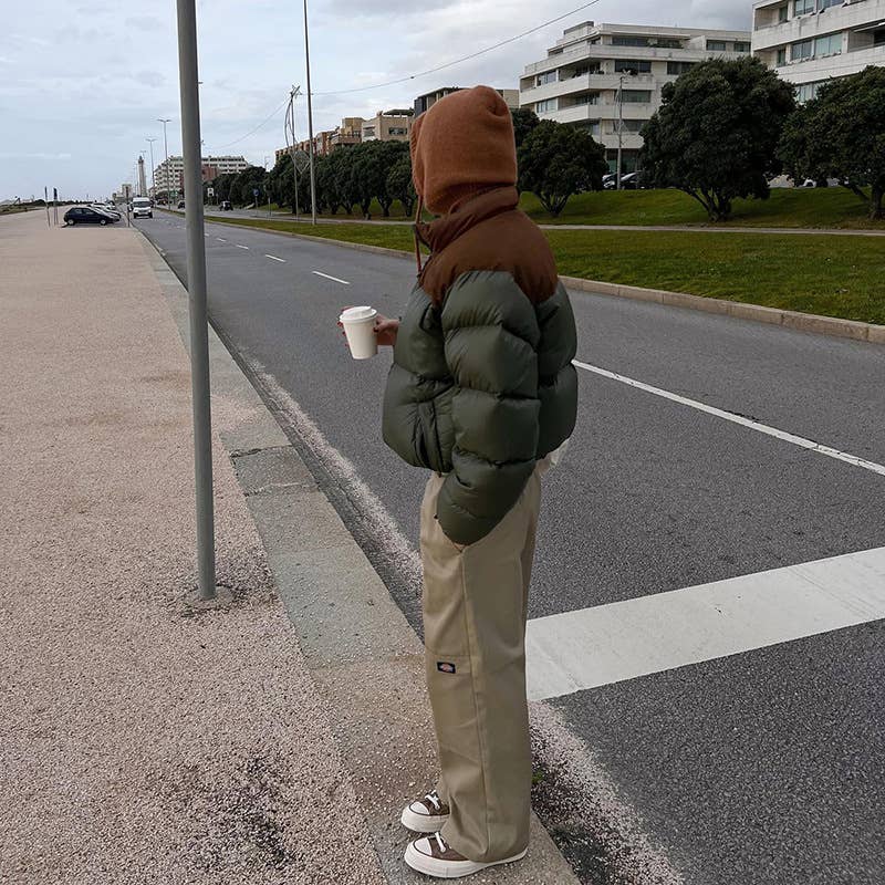 SOLID COLOR ROUND NECK ZIPPER POCKET BREAD JACKET