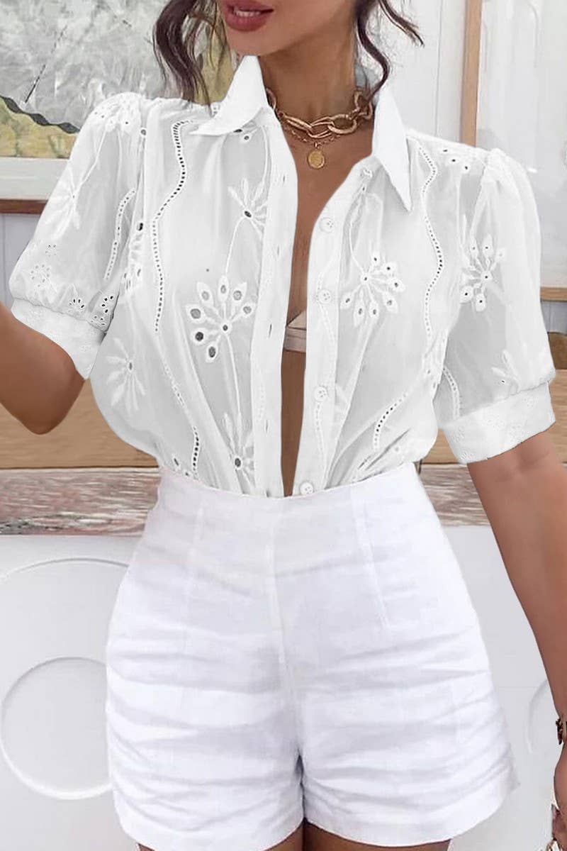 CWDSD8926_SUMMER HOT GIRL STYLE HOLLOW SHORT SLEEVE SHIRT