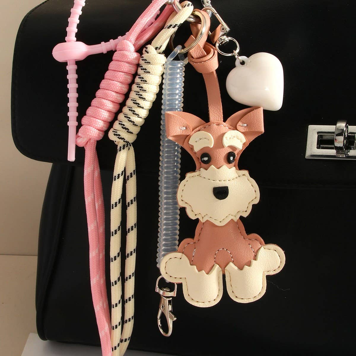 Cute Schnauzer PU Keychain with Heart & Braid