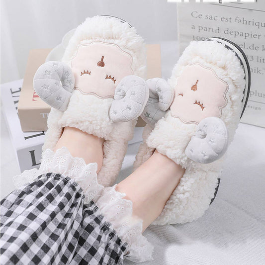 WOMEN CARTOON SHEEP DECOR FLUFFY BEDROOM SLIPPERS_CWSHS0241