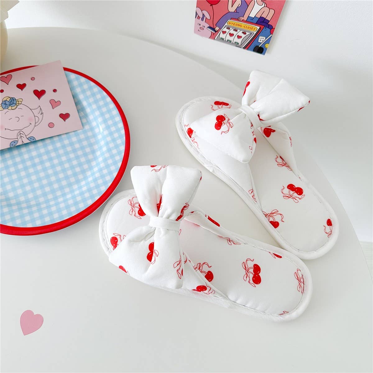 WOMEN'S NEW CHERRY PRINT BOWKNOT HOME SLIPPERS