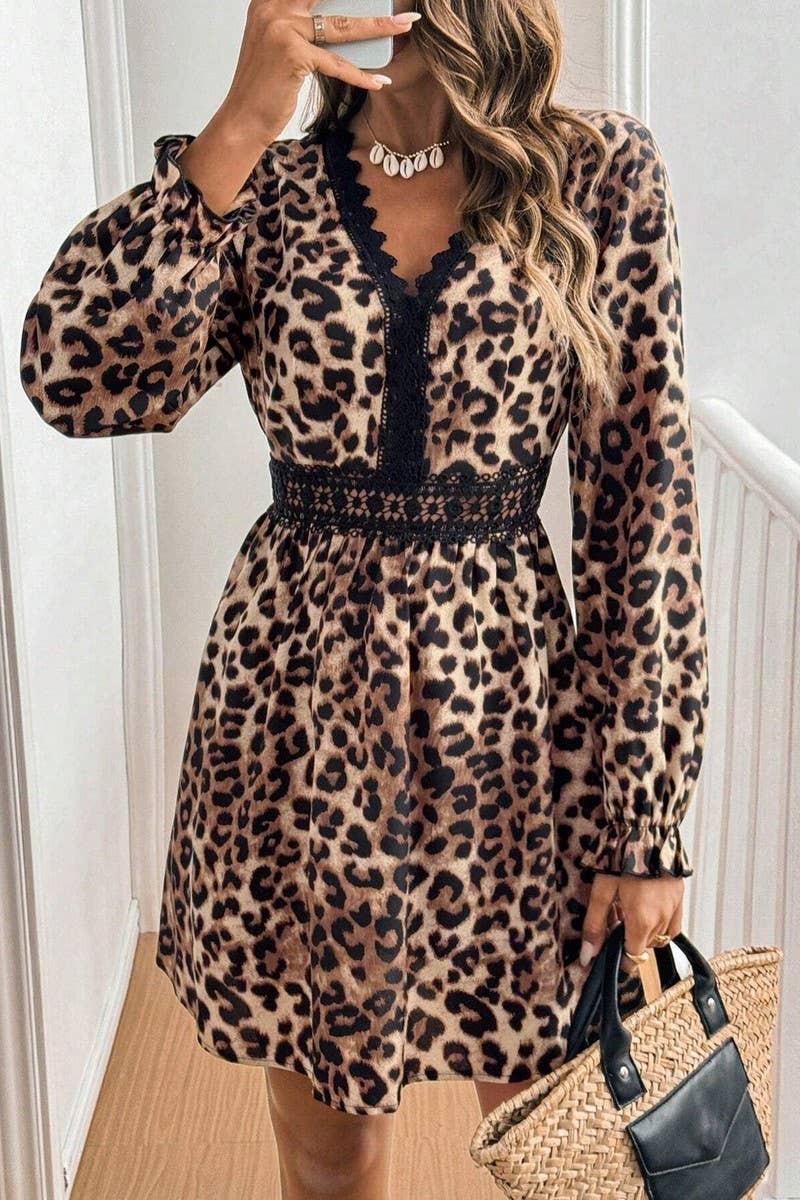 CWDSD6892_V-NECK LEOPARD LACE PATCHWORK LONG-SLEEVED DRESS