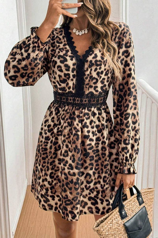 CWDSD6892_V-NECK LEOPARD LACE PATCHWORK LONG-SLEEVED DRESS