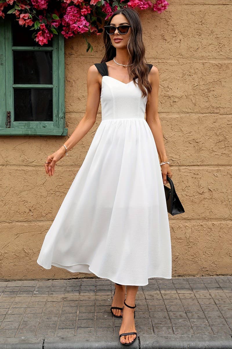 CWDMD4886_WHITE BOW BACKLESS SUSPENDER DRESS