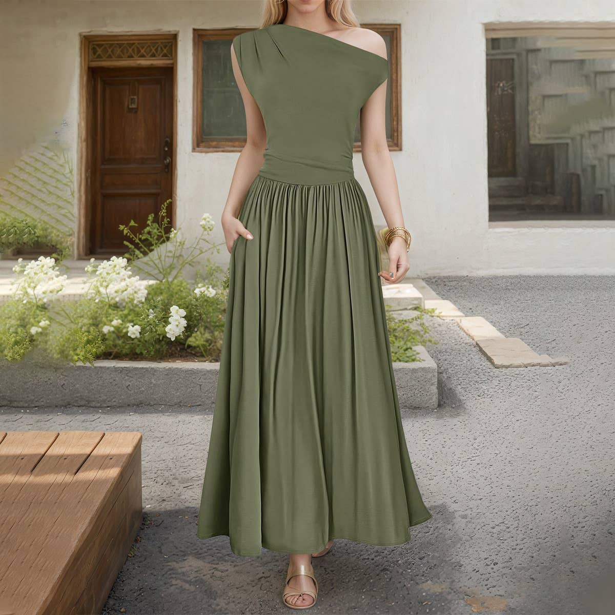 Women¡¯s one-shoulder pocketed sleeveless dress