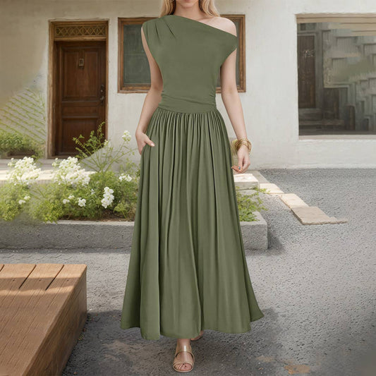 Women¡¯s one-shoulder pocketed sleeveless dress