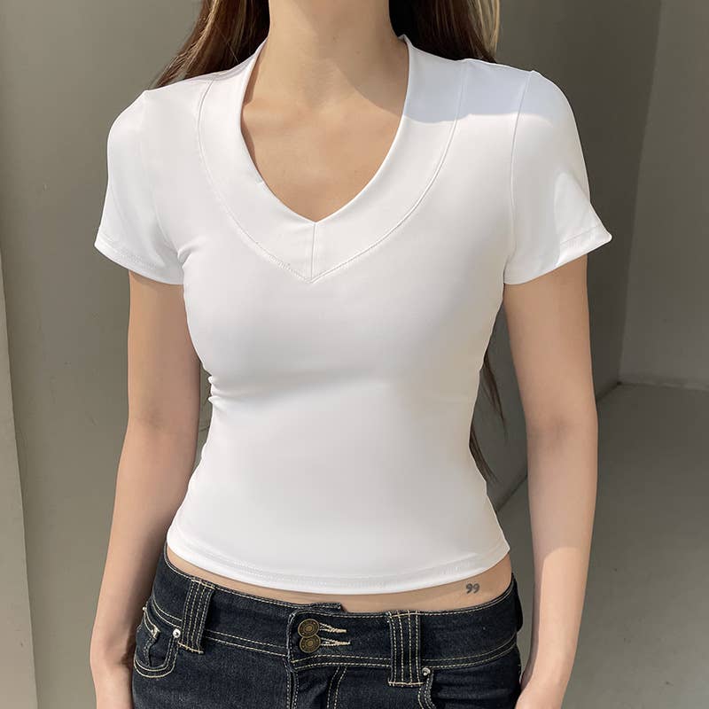Sexy solid color V-neck short-sleeved base shirt