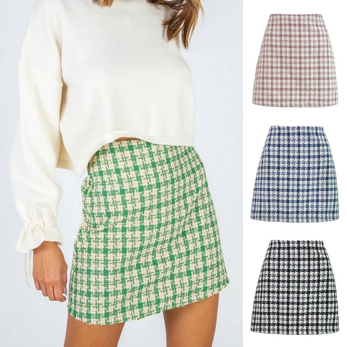 RETRO CHECKERED A-LINE SHORT WOOLEN SKIRT_CWBSS0393