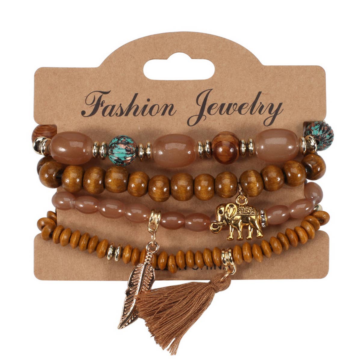 LEAF ELEPHANT TASSEL PENDANT WOODEN BEAD BRACELET_CWAJE2221