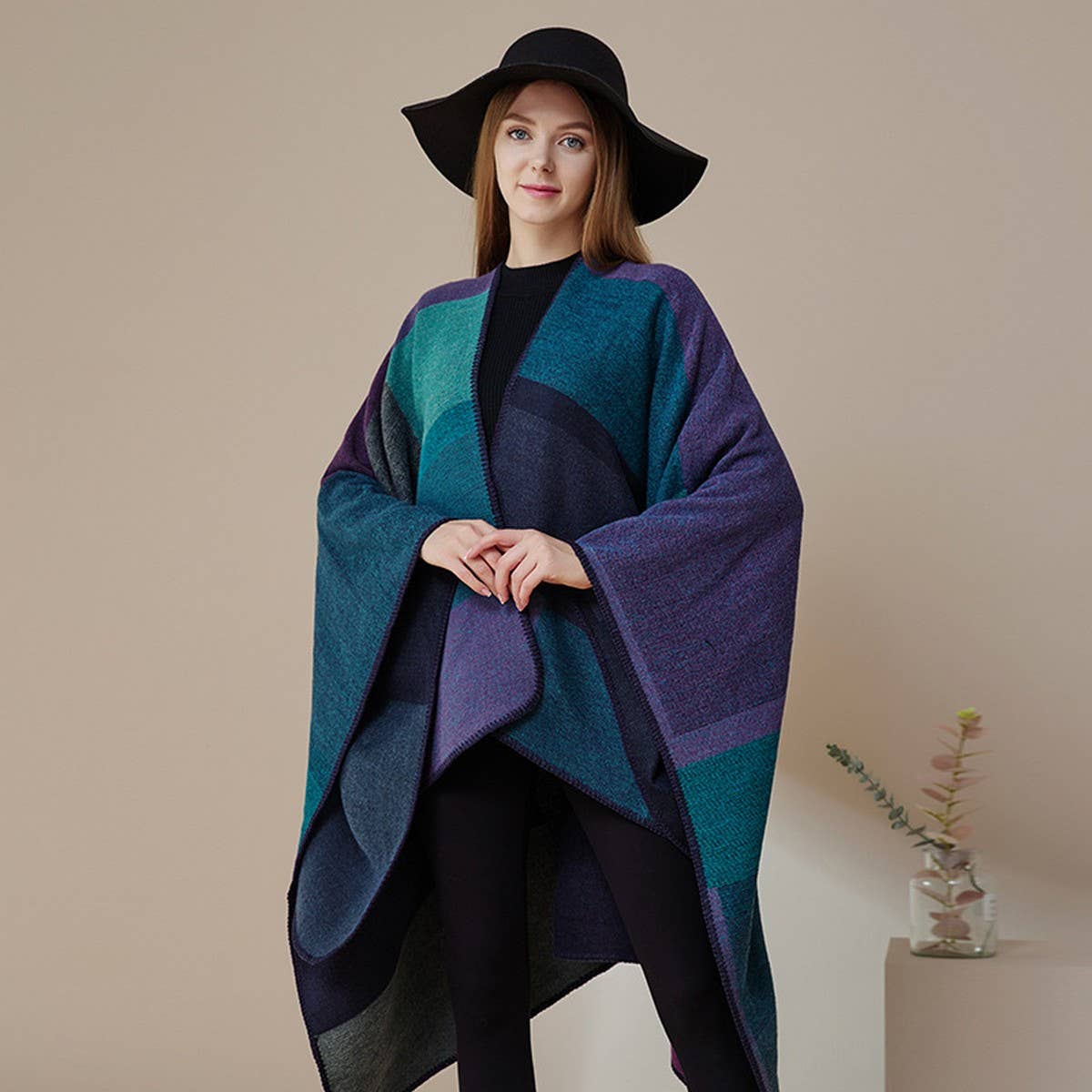 DOUBLE-SIDED PLAID FAUX CASHMERE SHAWL CAPE