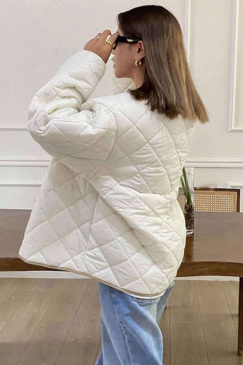 ARGYLE PATTERN CONTRASTING DRAWSTRING PADDED COAT