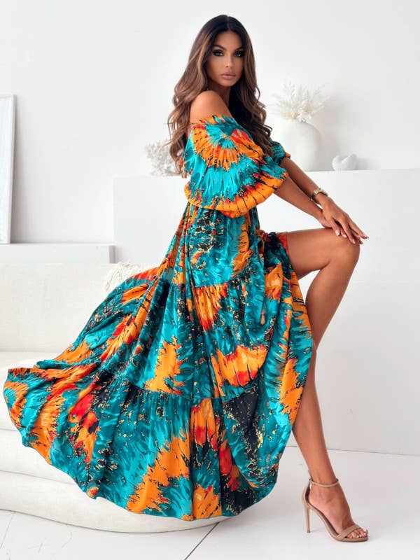 Sexy deep V abstract big floral print split dress
