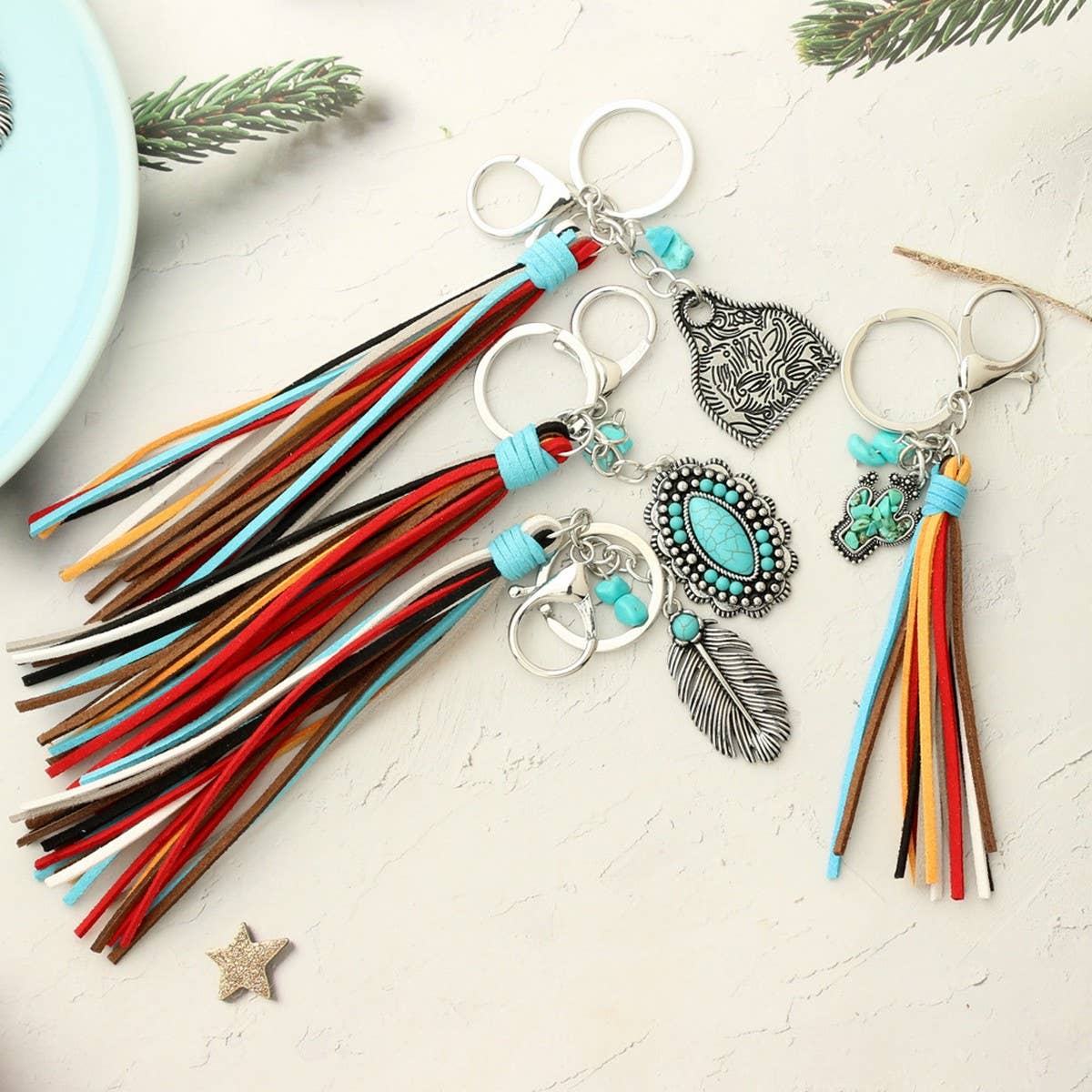 Vintage Western Boho Bull Tag Keychain_CWAB5088