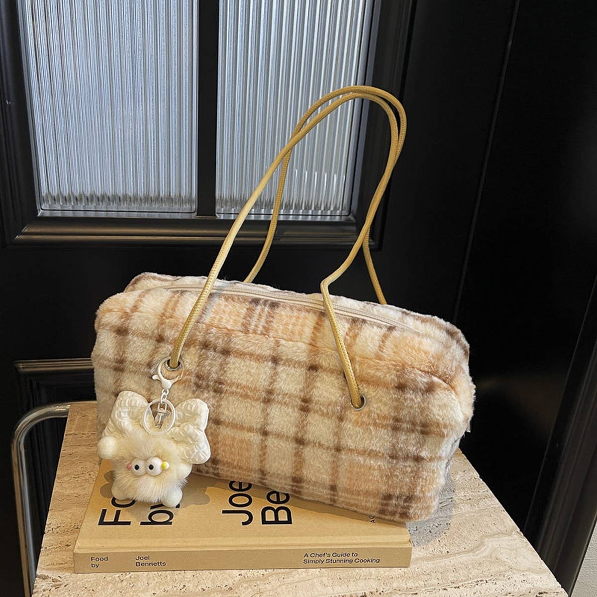 WINTER CASUAL WOOLEN PLAID SHOULDER PLUSH BAG_CWAB3941