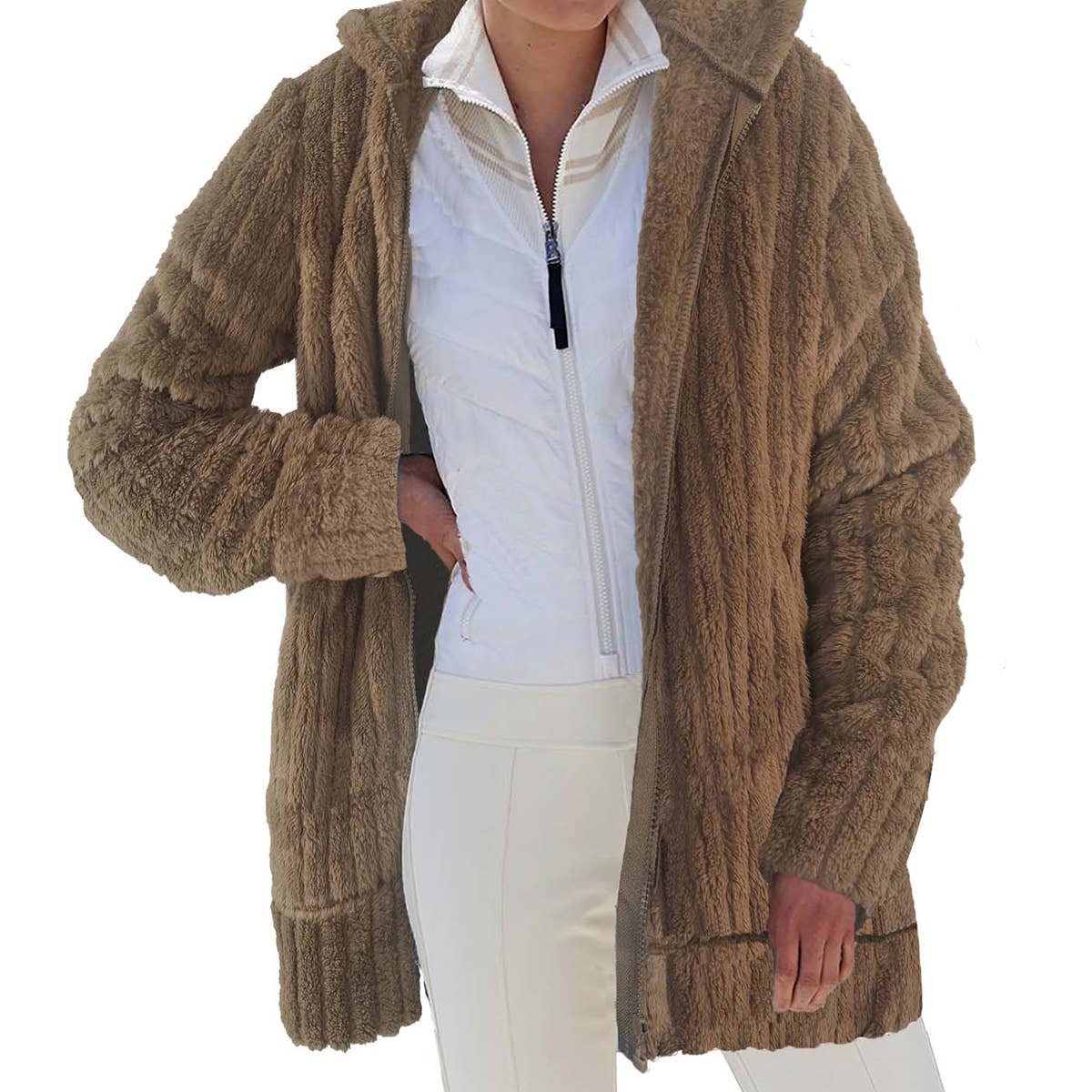 WARM PLUSH MID-LENGTH COAT WITH SOLID LAPELS