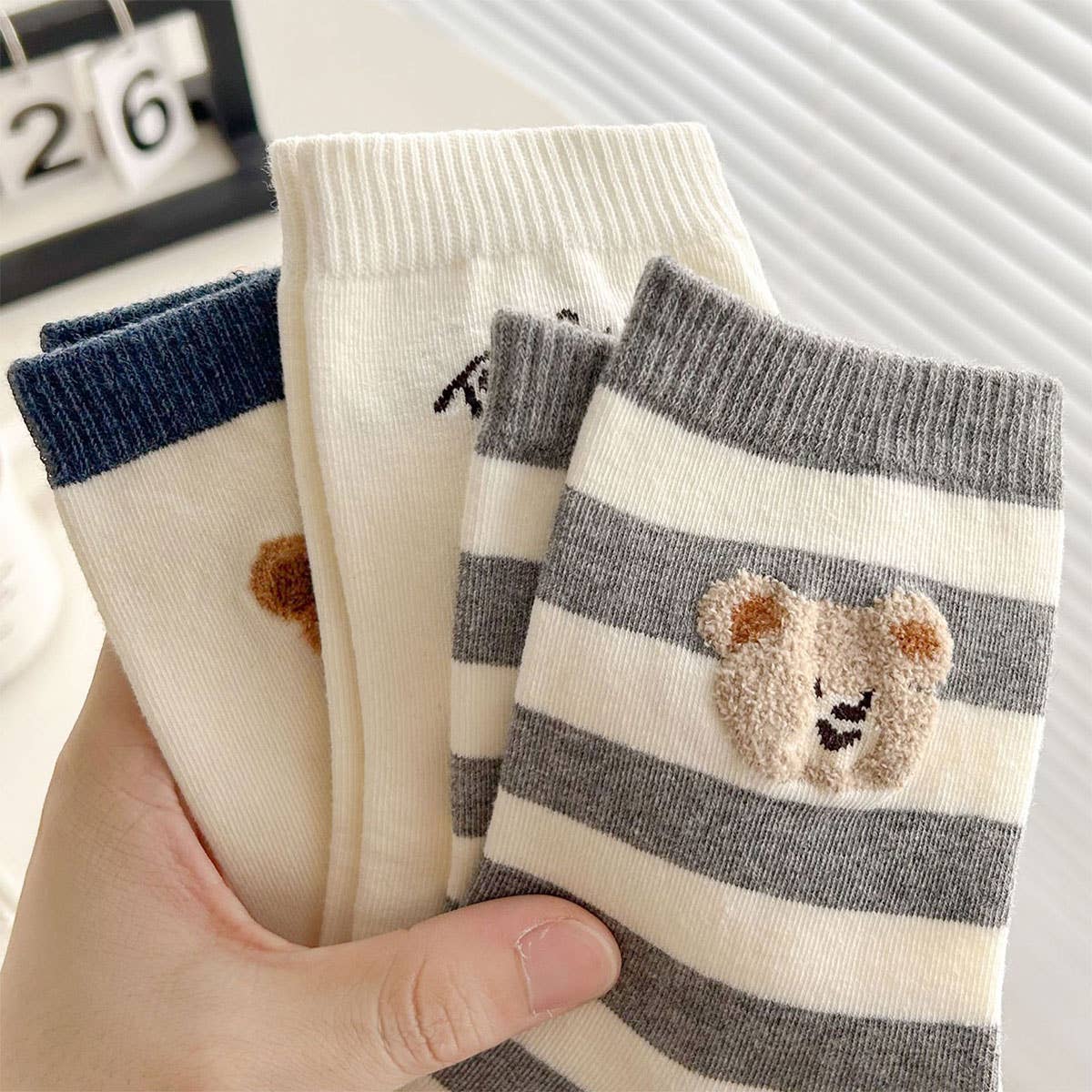 Cute Bear Pattern Cotton Crew Socks for Womens