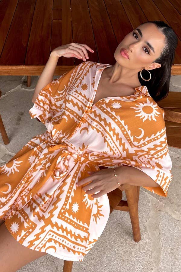 Waist-cinched lace-up V-neck geometric jumpsuit