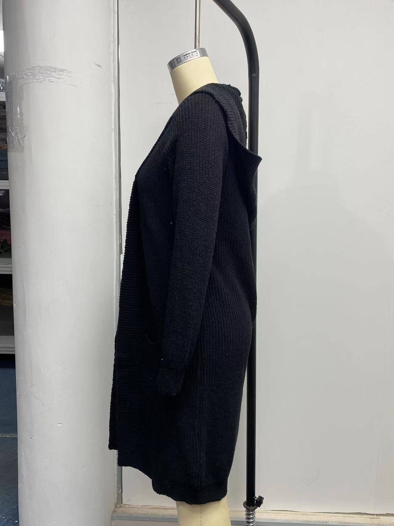 Solid-color hooded long knitted coat