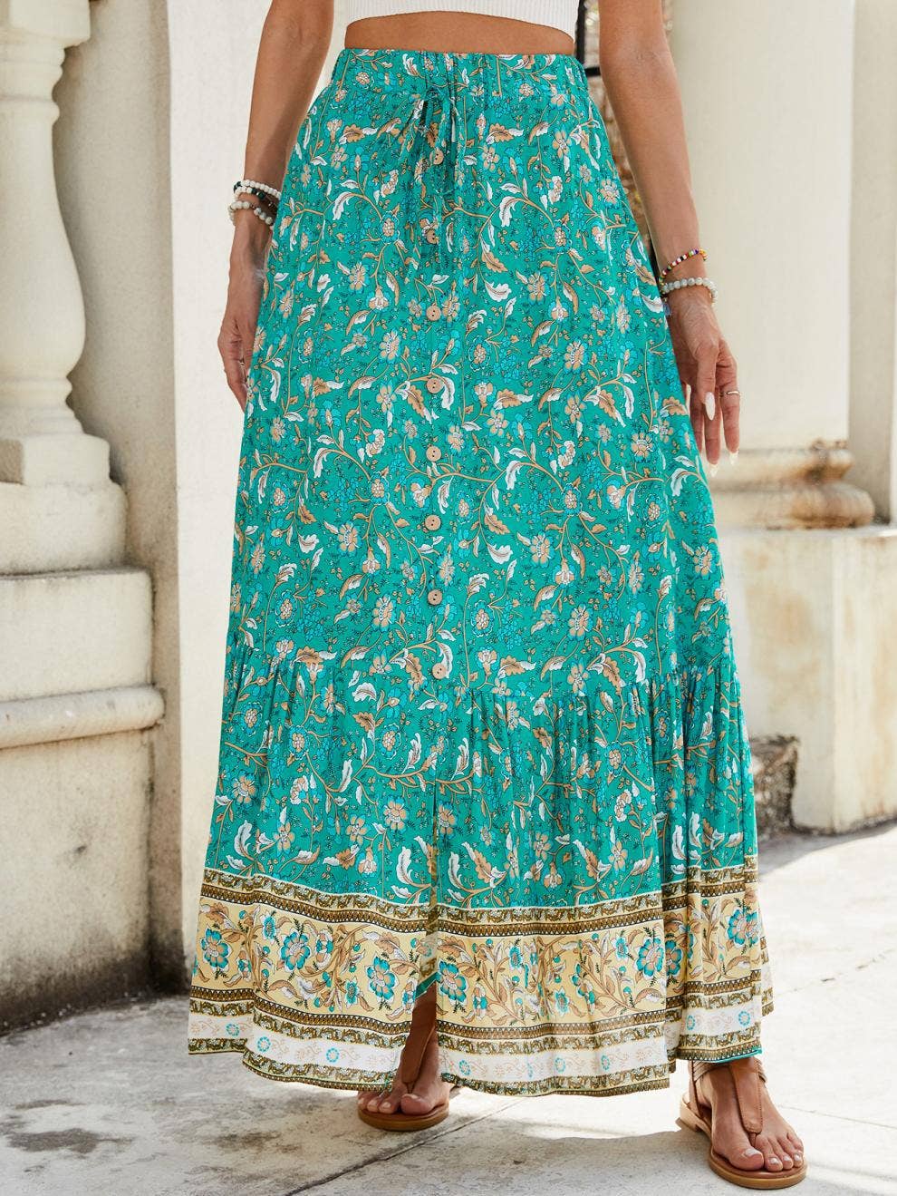 High-waisted printed breasted split skirt