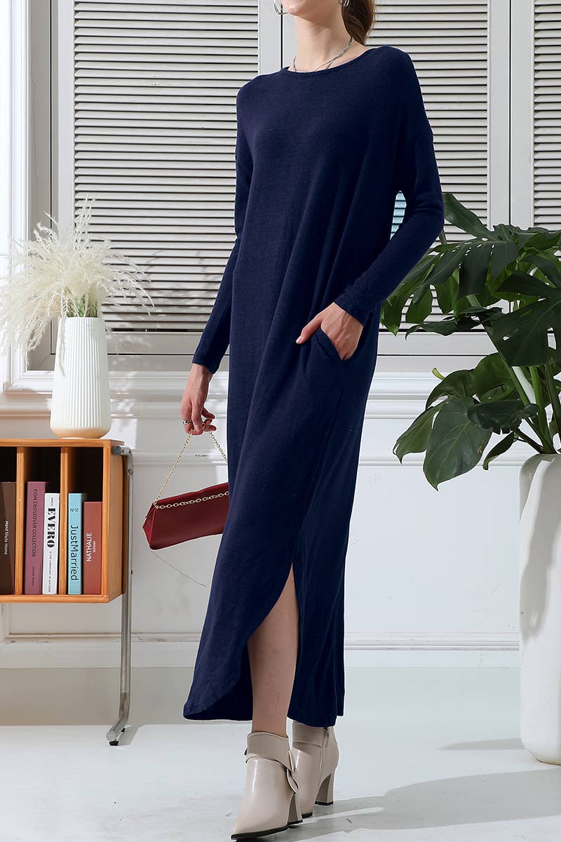 CWDMD546_ROUND NECK SOFT AND WARM SWEATER KNIT TUNIC DRESS