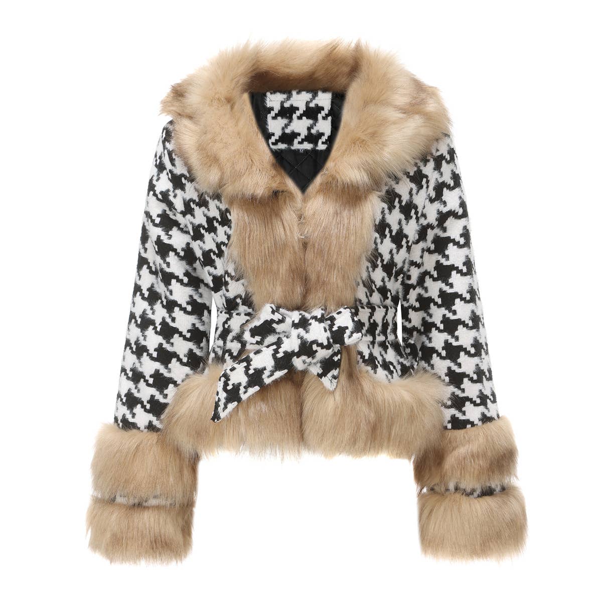 STYLISH PLAID COAT WITH FUR COLLAR