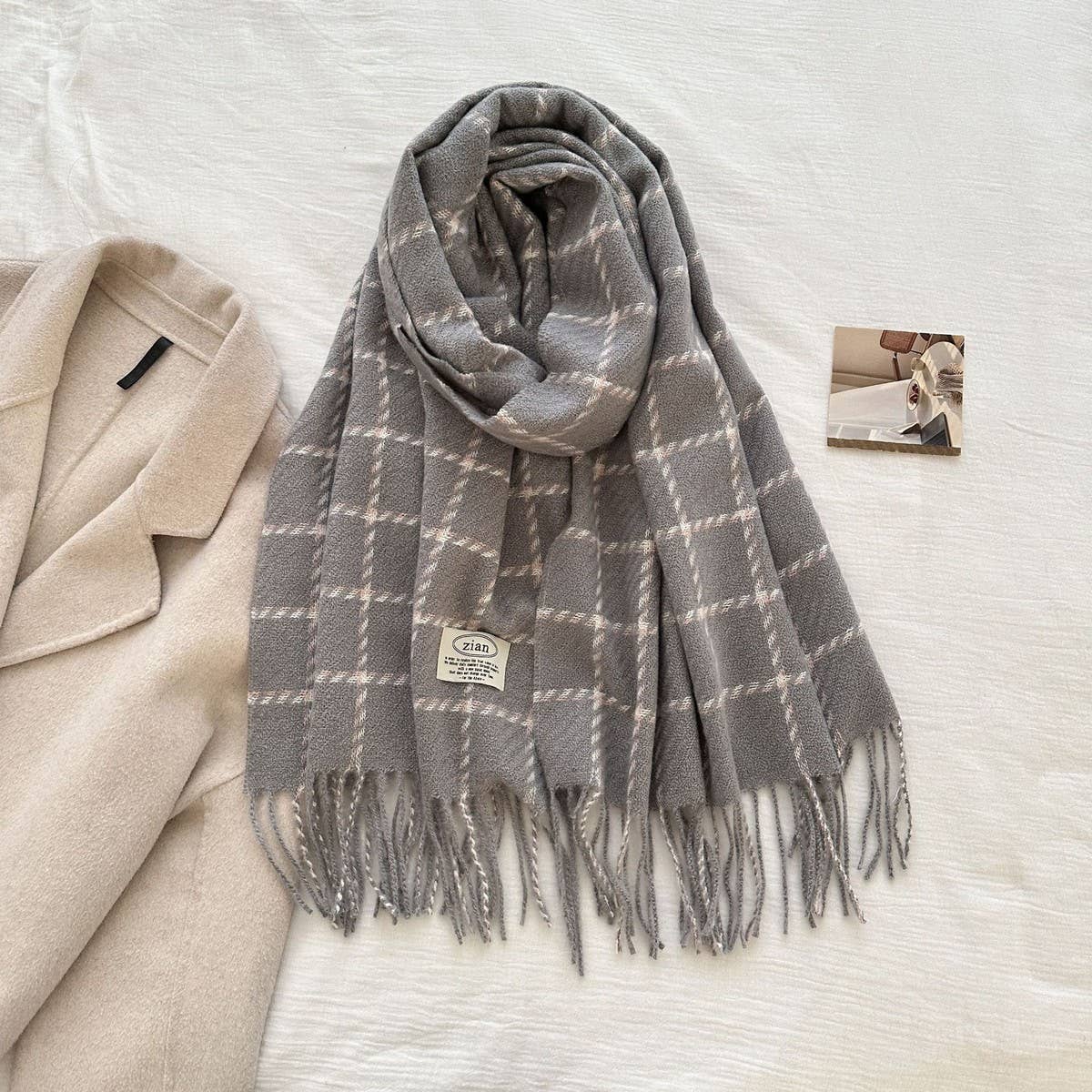 CWASC03132_PLAID CASHMERE FEEL SCARF WINTER WARM TASSEL SHAW