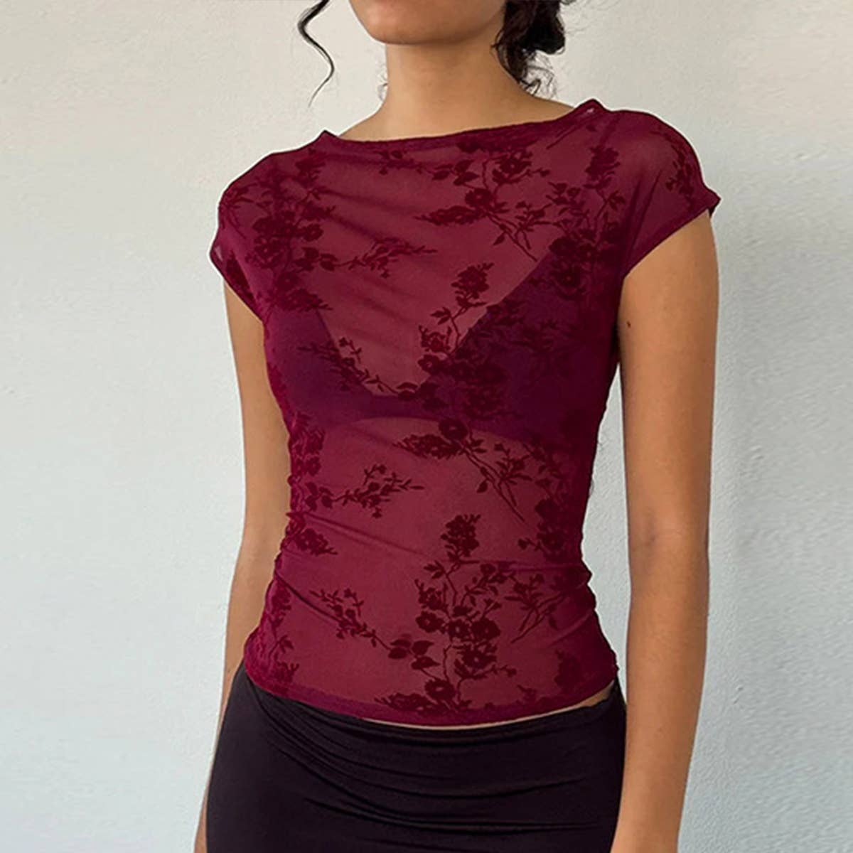 Sheer Mesh Vintage Print Sexy Top Short Sleeve