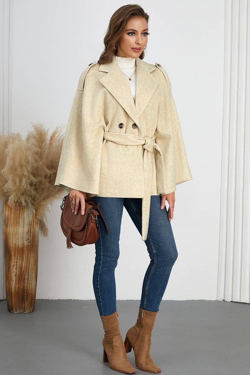 CWOCO0941_SOLID COLOR BELTED LAPEL CAPE TWEED COAT