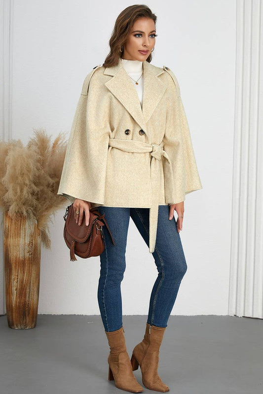 CWOCO0941_SOLID COLOR BELTED LAPEL CAPE TWEED COAT