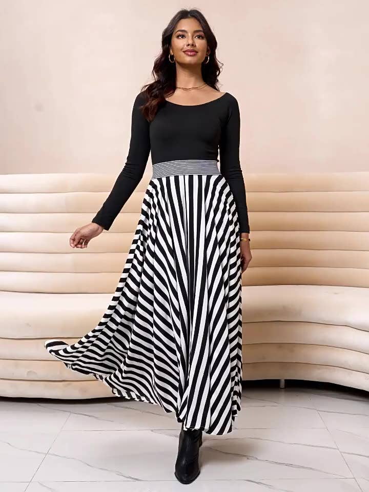 Long-sleeved, striped, sexy slim-fitting dress