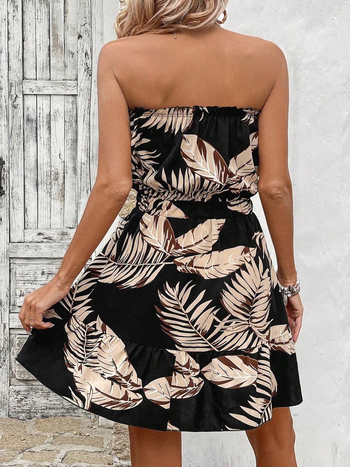 Strapless,cinched waist lace-up printed dress