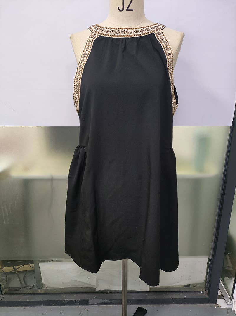 Solid-color dress hollowed-out lace patchwork