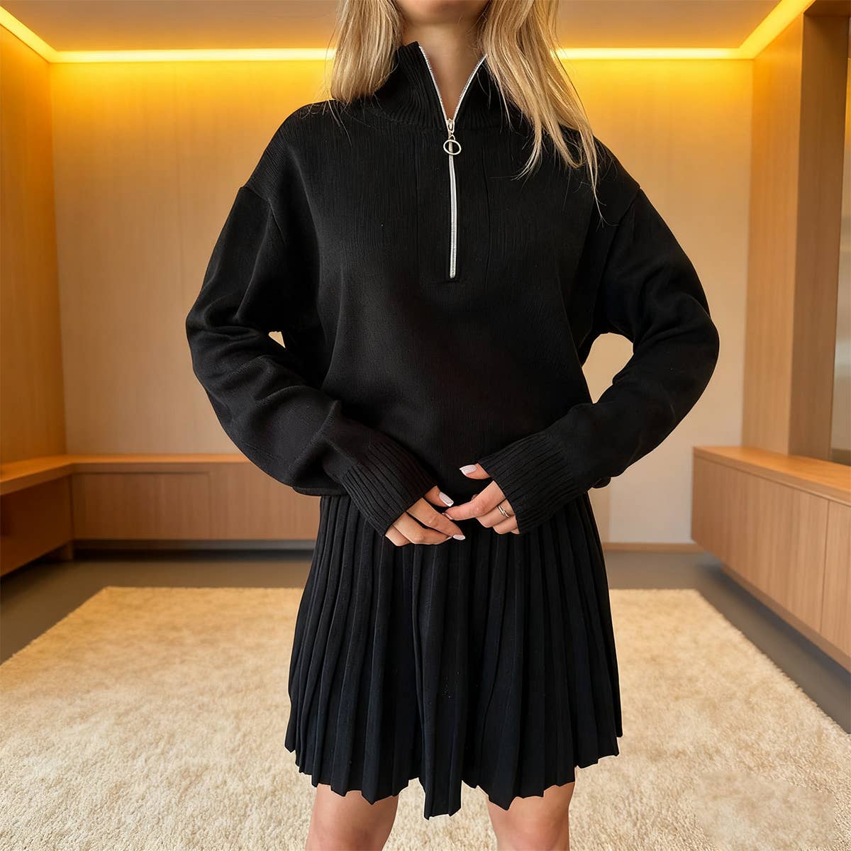 Two-piece knitted sweater and short skirt set