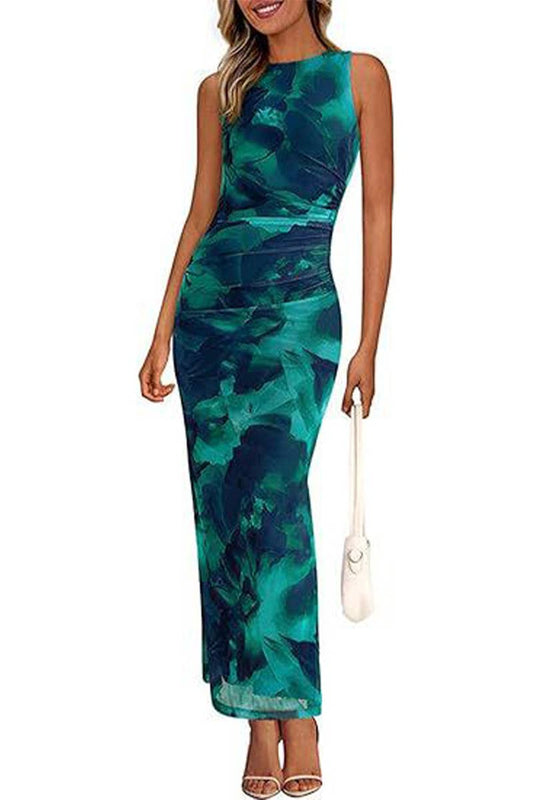 CWDMD6368_PLEATED FLORAL BODYCON SLEEVELESS MESH DRESS