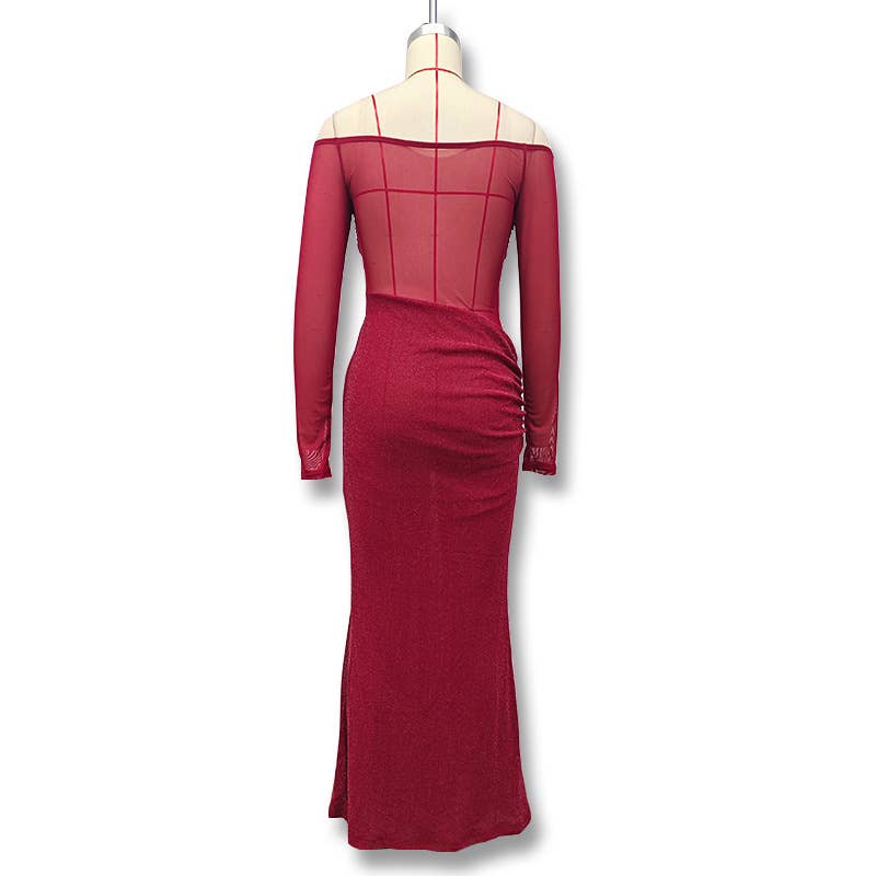 Off Shoulder Sheer Glitter Mesh Dress