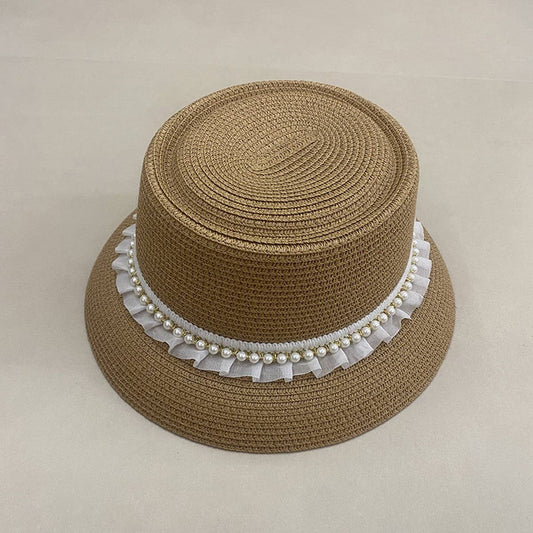 Summer Fashion Lace Pearl Braided Straw Hat_CWAH3564