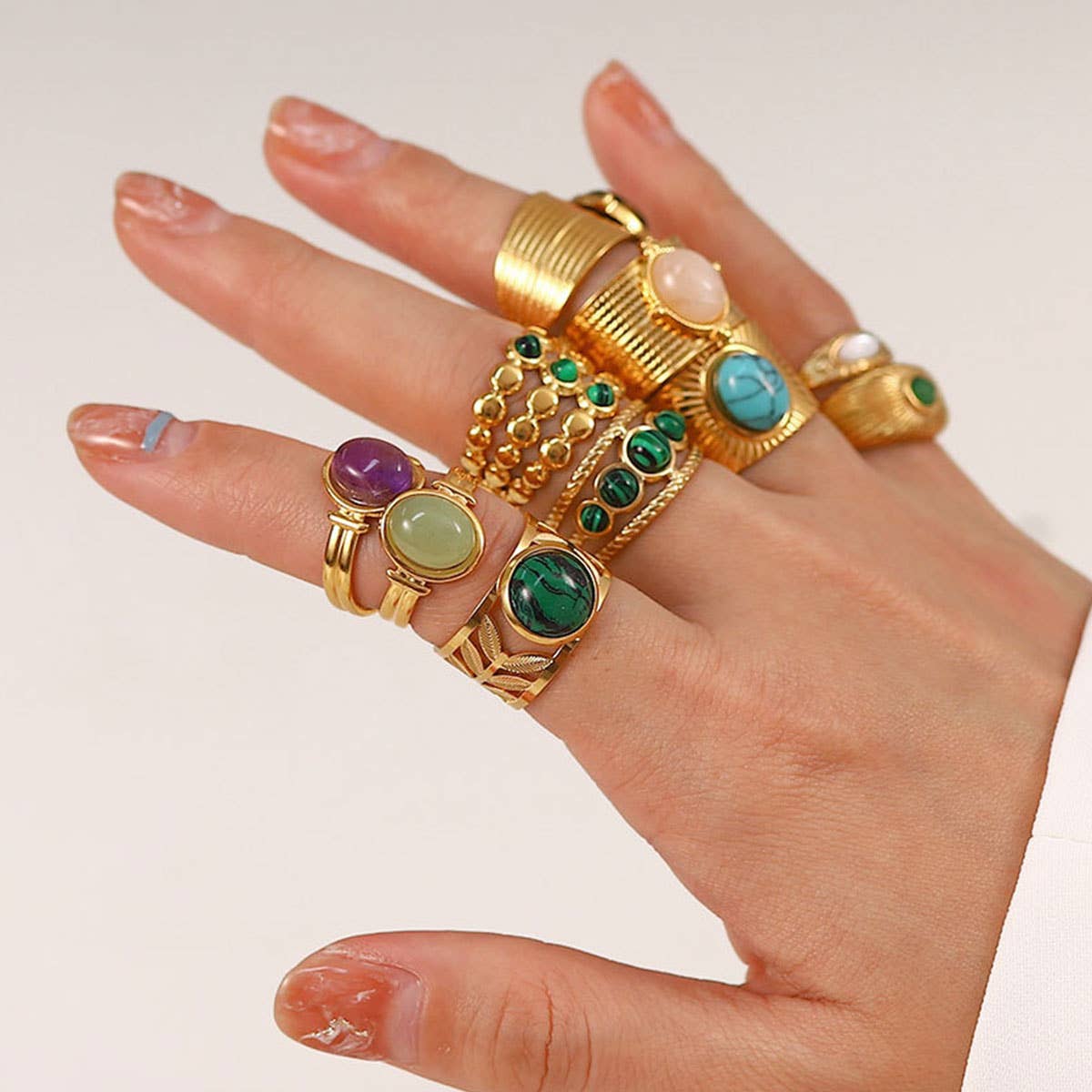 GOLD STAINLESS STEEL INLAID NATURAL STONE RINGS