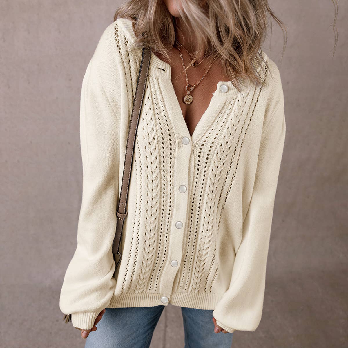 SOLID COLOR V-NECK SINGLE BREASTED CARDIGAN