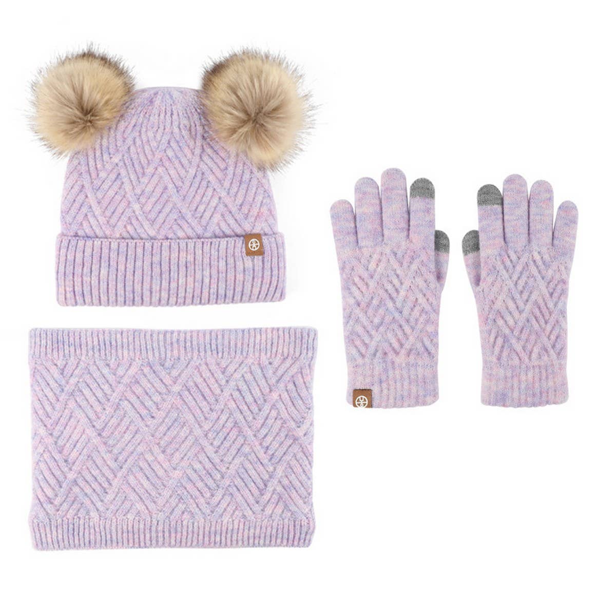 THREE-PIECE SET OF POM-POM HAT, SCARF AND GLOVES