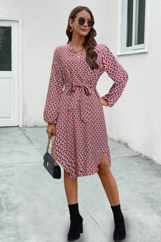 CWDSD7110_NEW ARRIVAL PRINTED LONG SLEEVE TIE DRESS