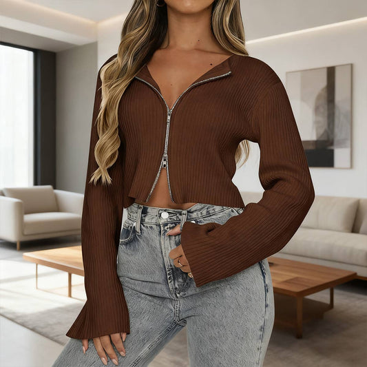 Solid-color long-sleeved short-zipped cardigan