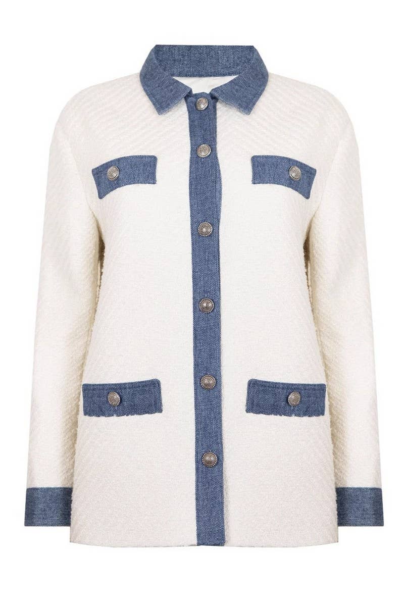 CWOCO1278_OFF-WHITE TWEED LAPEL PATCHWORK TOP JACKET