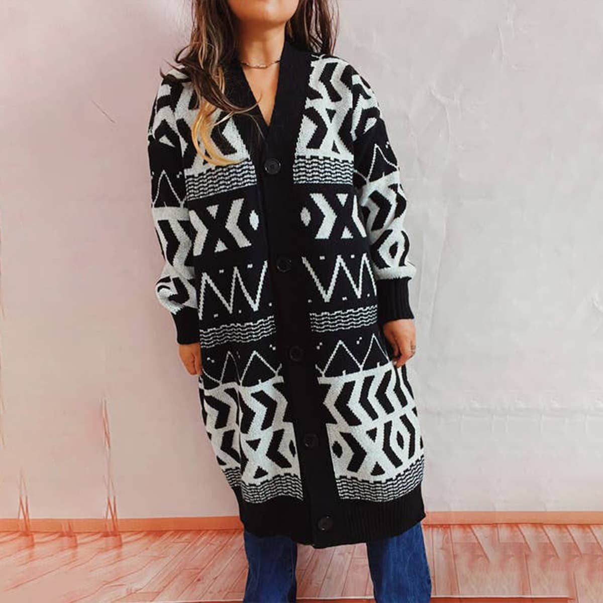 V-neck retro geometric long cardigan coat
