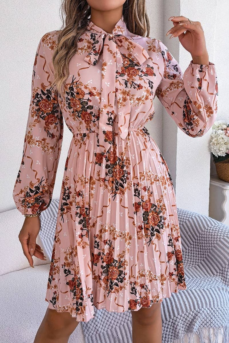 CWDSD6429_FLORAL LACE-UP LONG-SLEEVED PLEATED DRESS