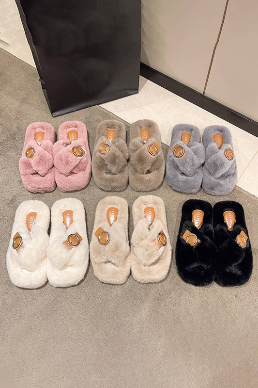 BUCKLE DECOR CRISS CROSS FLUFFY BEDROOM SLIPPERS_CWSHS0224