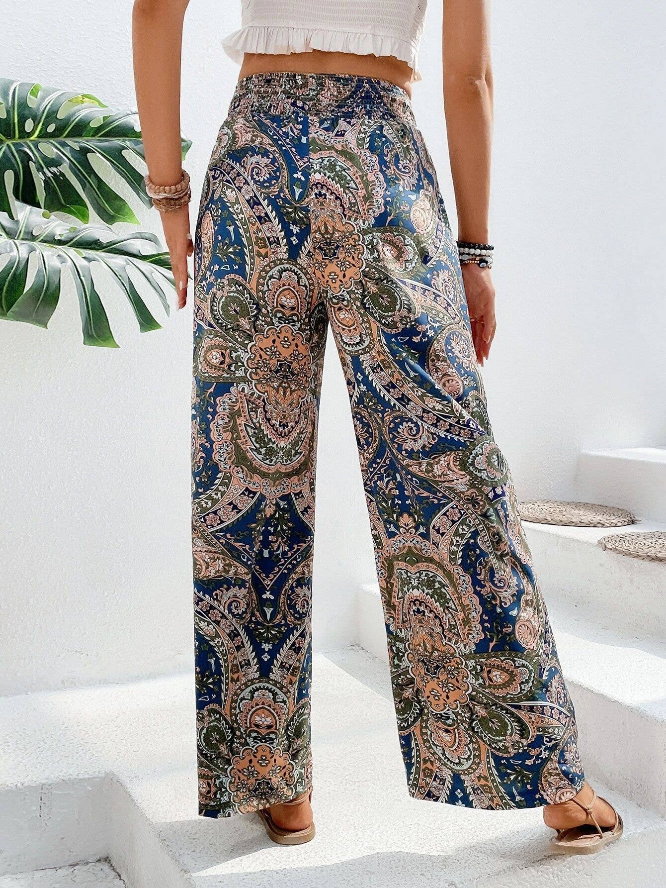 ALL-IN-ONE PRINTED ELASTIC-WAISTED WIDE-LEG PANTS